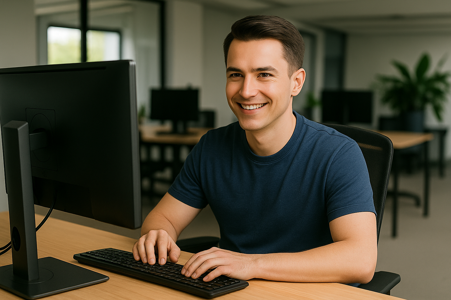 Professional Java developer working at modern office workspace with computer and monitor