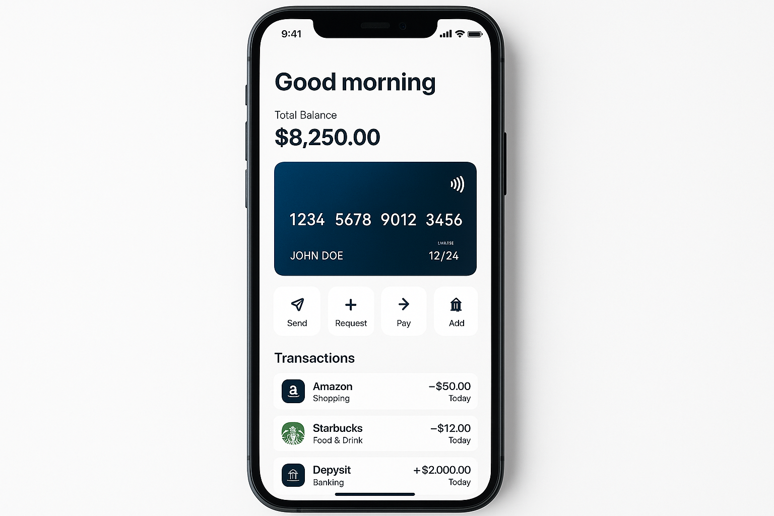 Modern financial mobile banking app showing account balance, card details, and transaction history