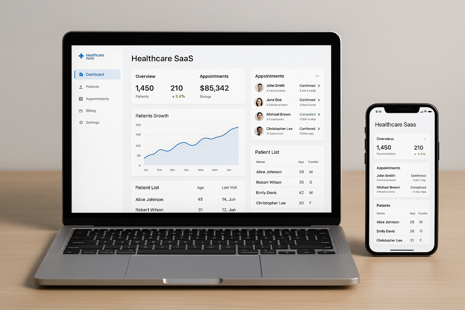 Healthcare SaaS dashboard showing patient management, appointments, and analytics on laptop and mobile devices