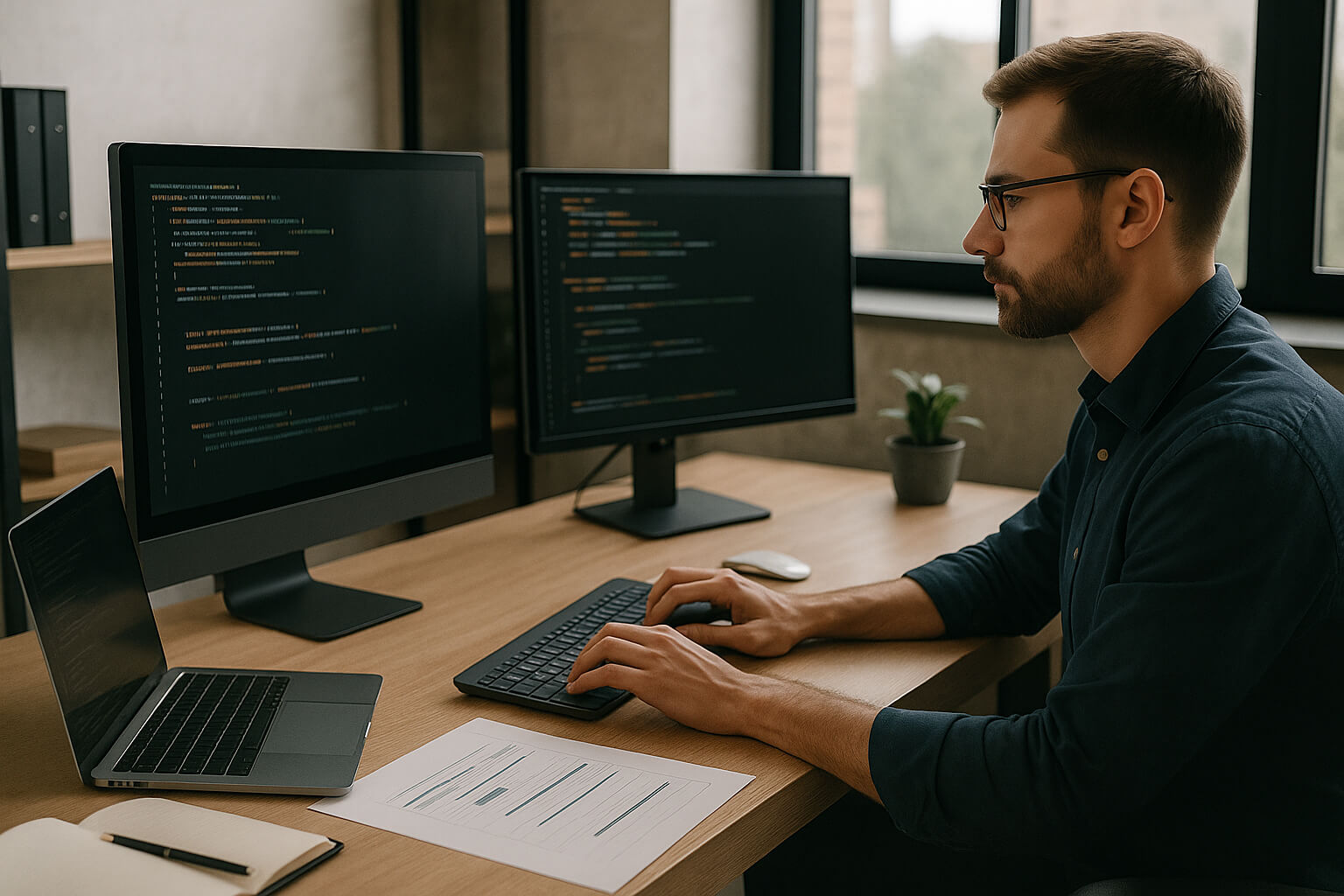 Professional Java developer working at modern office workspace with computer and monitor